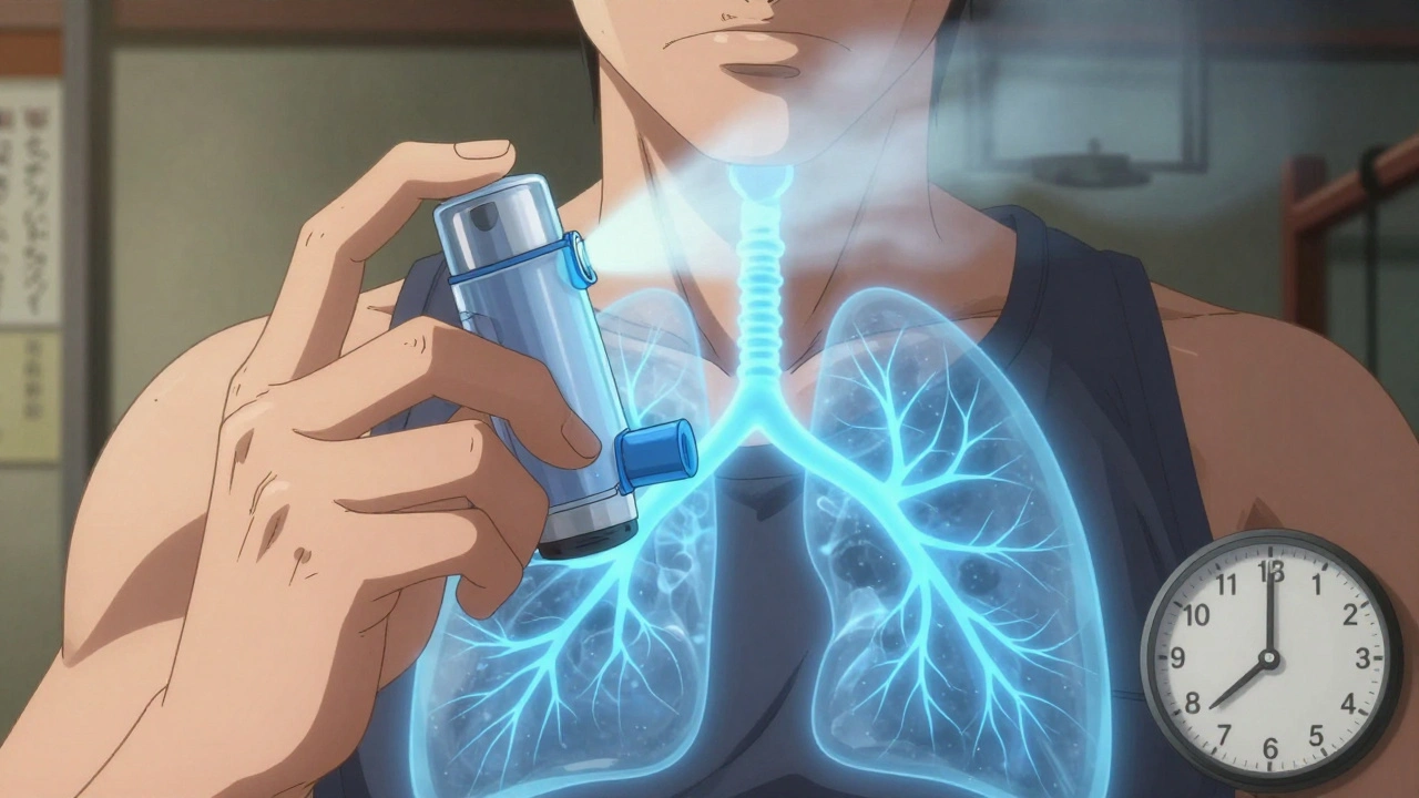 Close-up of inhaler with spacer delivering medication into glowing lung pathways.
