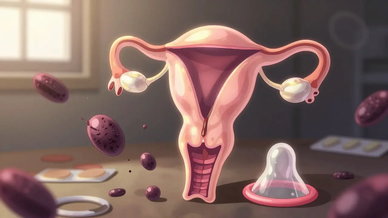 Copper IUD glowing safely inside uterus as enzyme molecules dissolve upon contact.