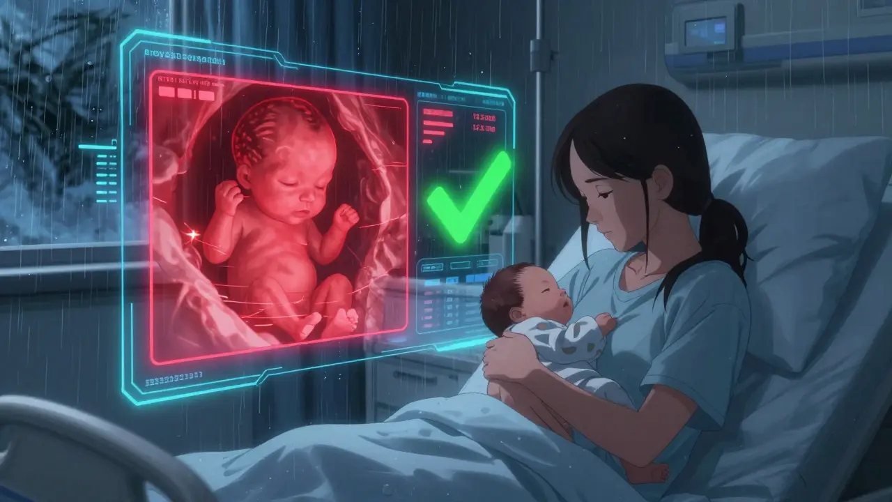 Digital warning and reassurance screens above a hospital bed, rain outside, neon data streams in the air.