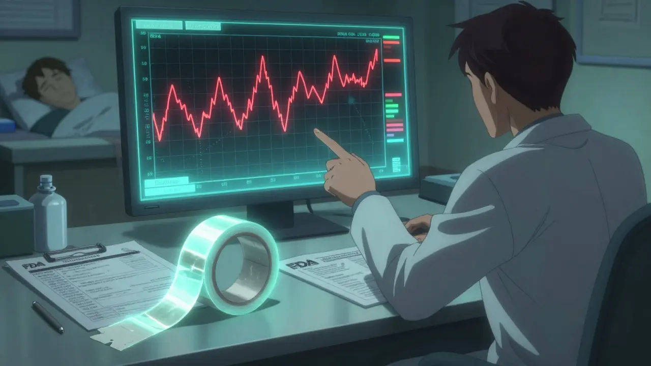 Discarded mouth tape beside sleep study results and FDA warning in a dim medical office at dawn.
