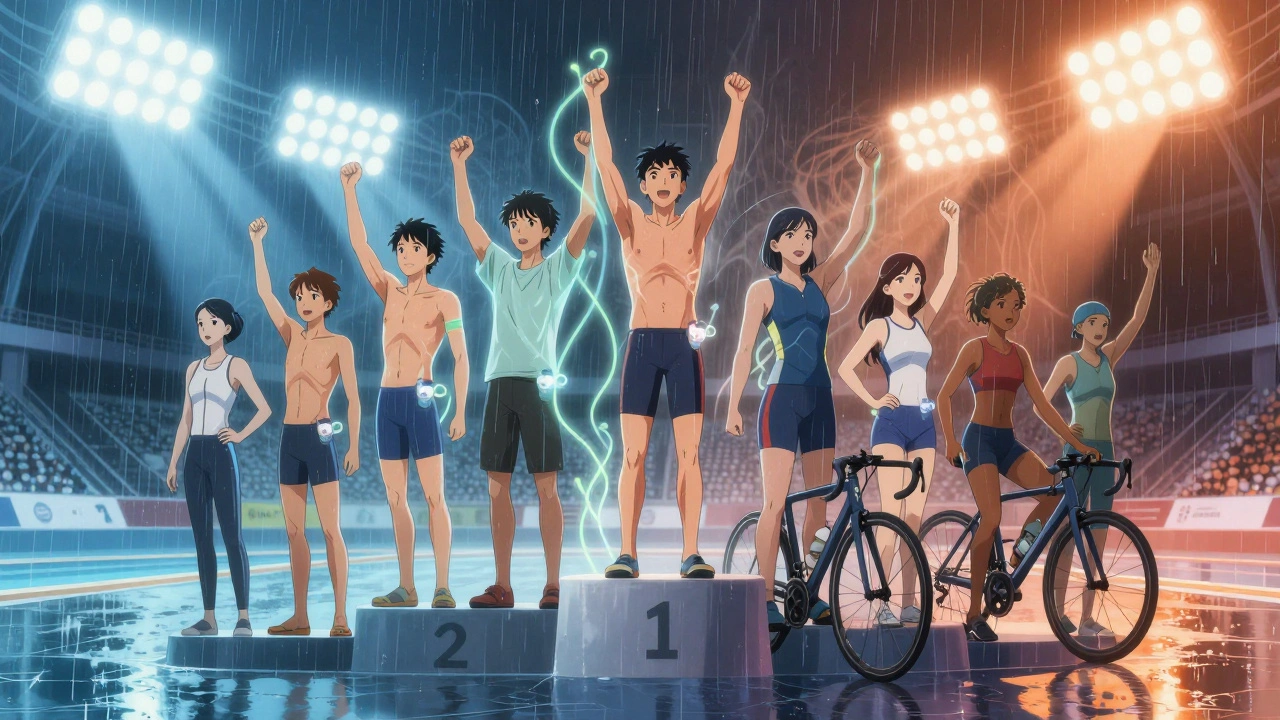 Diverse athletes on podium with glowing airway auras, symbolizing successful EIB management.