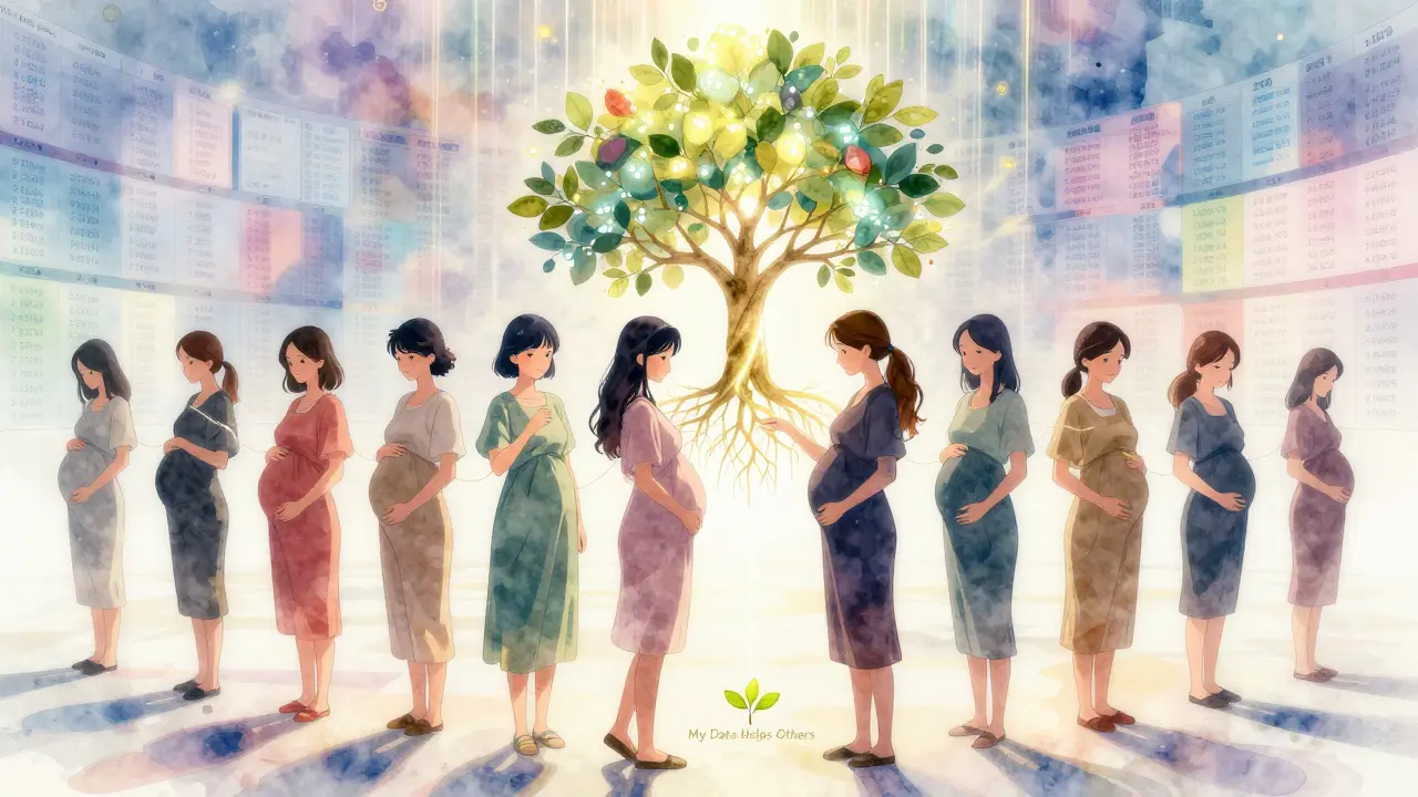 Diverse pregnant women connected by glowing threads to a knowledge tree, data leaves shimmering in abstract space.