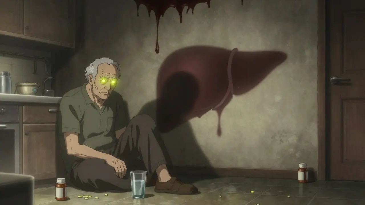Elderly man with yellow skin in dim kitchen, glowing liver shadow, pill bottles nearby.
