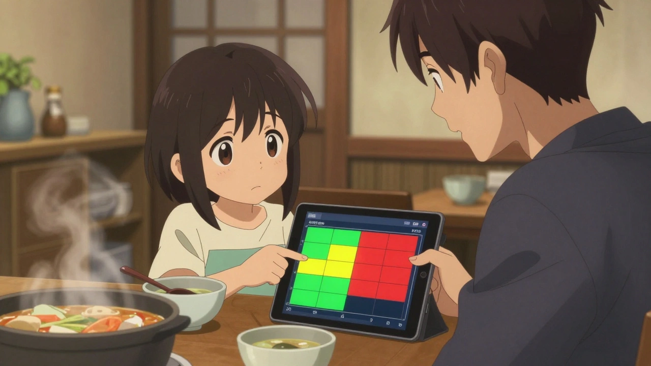 Family reviewing asthma zone graph on tablet during dinner with emotional connection.