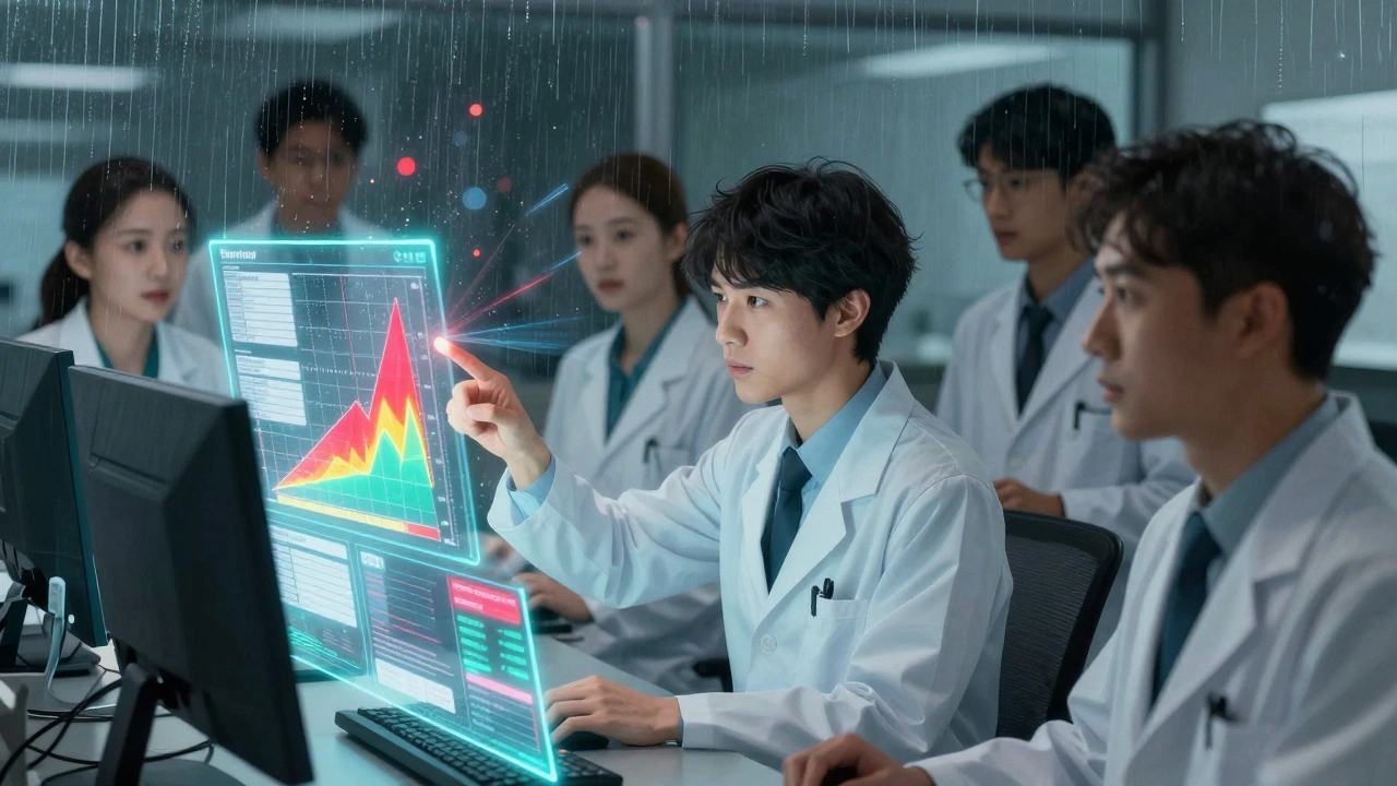 FDA analysts monitor holographic dashboards showing real-time drug safety signals and complaint maps.