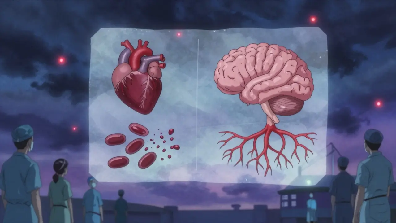 Medical chart with heart, brain, and platelet icons amid stormy twilight background.