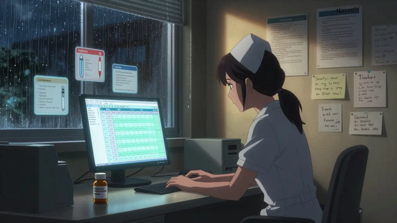 Nurse reviewing digital logs at night, emergency alerts glowing, original pill bottle on desk under soft light.