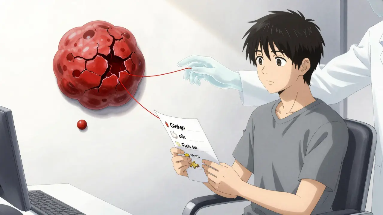 Patient with supplement list as ghostly hand pulls red threads toward cracked blood clot.