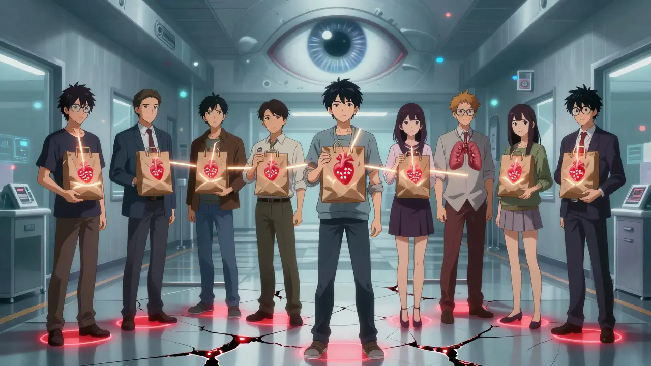 People holding brown bags of pills, glowing warning lines to organs, AI eye above.