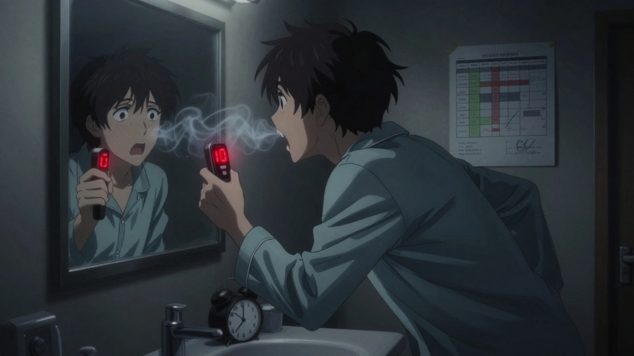 Person seeing red zone alert in bathroom mirror at night with dramatic shadows.