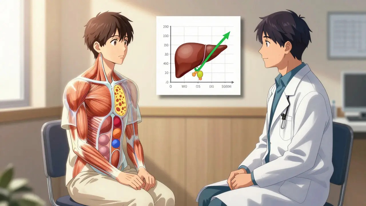 Psychiatrist and patient in a clinic, with transparent body overlay showing insulin resistance and a path to metabolic health.