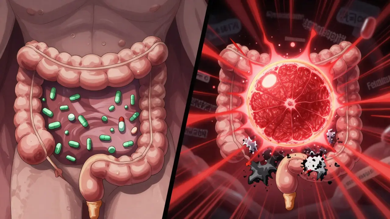 Split medical illustration: healthy gut enzymes breaking down a pill vs. grapefruit juice destroying enzymes and causing drug toxicity.