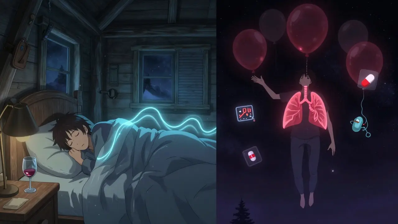 Split scene: a sleeping traveler with sedatives beside them versus a dream of collapsing lungs in a starry void.