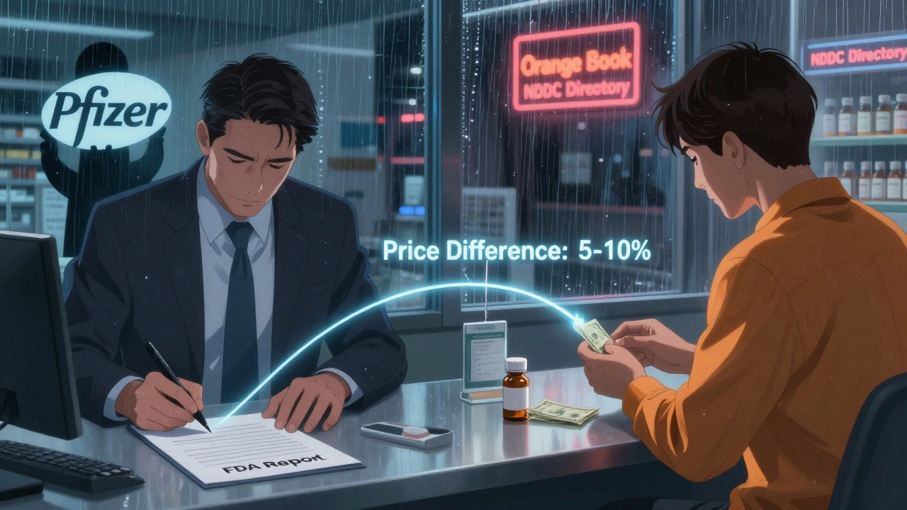 Split scene: corporate paperwork on one side, patient receiving medication on the other, connected by a price thread.