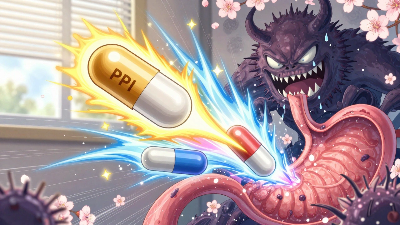 Three antibiotics exploding to defeat H. pylori as the stomach heals like blooming flowers.