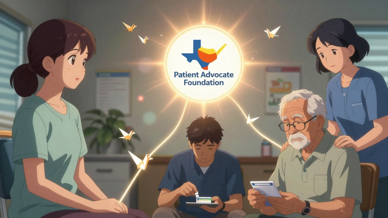 Three patients connected by golden threads to a foundation logo, symbolizing access to medication support.