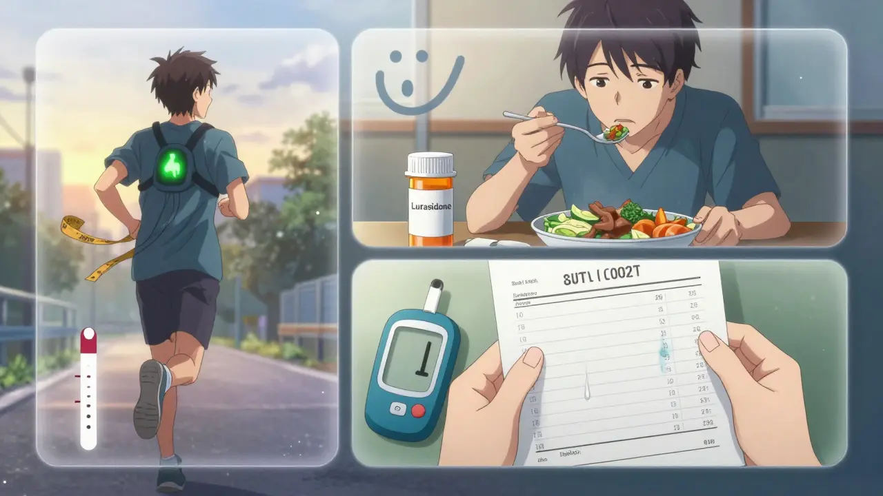 Three patients: jogging, eating healthily, and holding a blood test—each with glowing metabolic health icons around them.