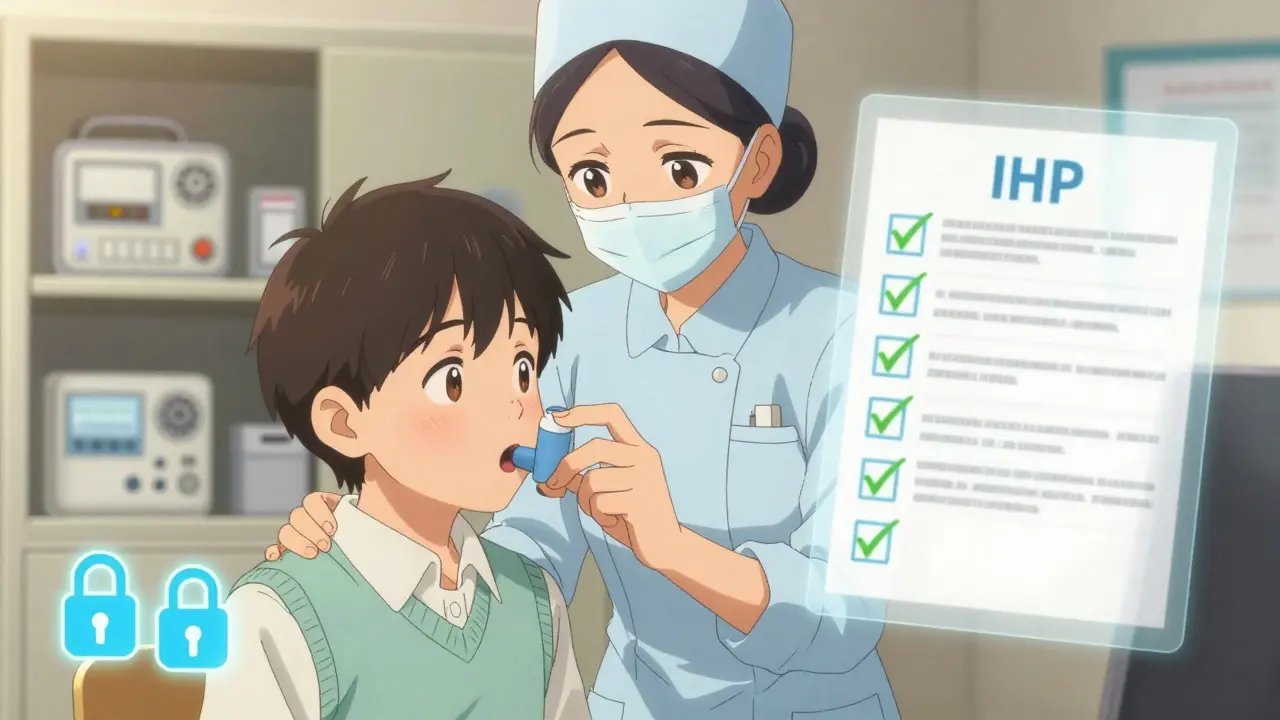 Trained aide giving an inhaler to a student while nurse observes, with floating healthcare plan checkmarks.