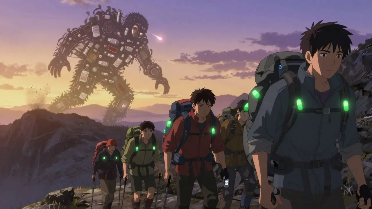 Trekkers ascend at dawn with safe sleep aids and oximeters, while a fading sedative monster crumbles behind them.