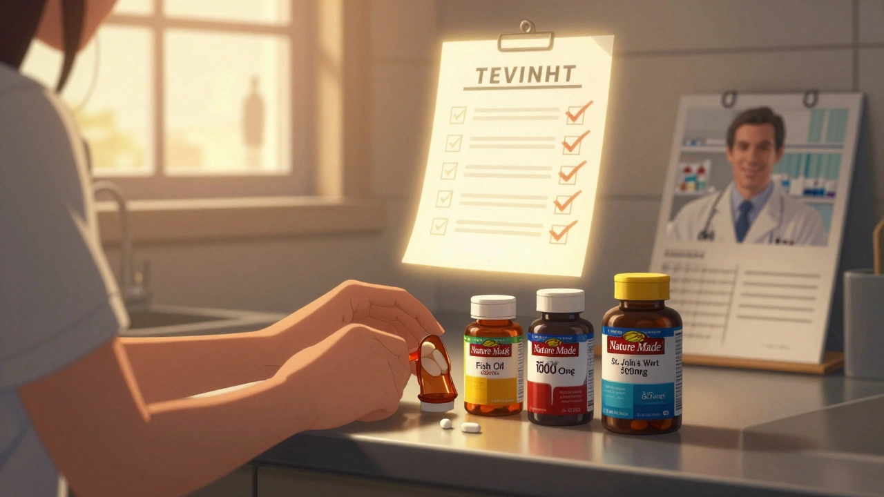 Woman organizing supplement bottles on a counter with a glowing checklist above them.