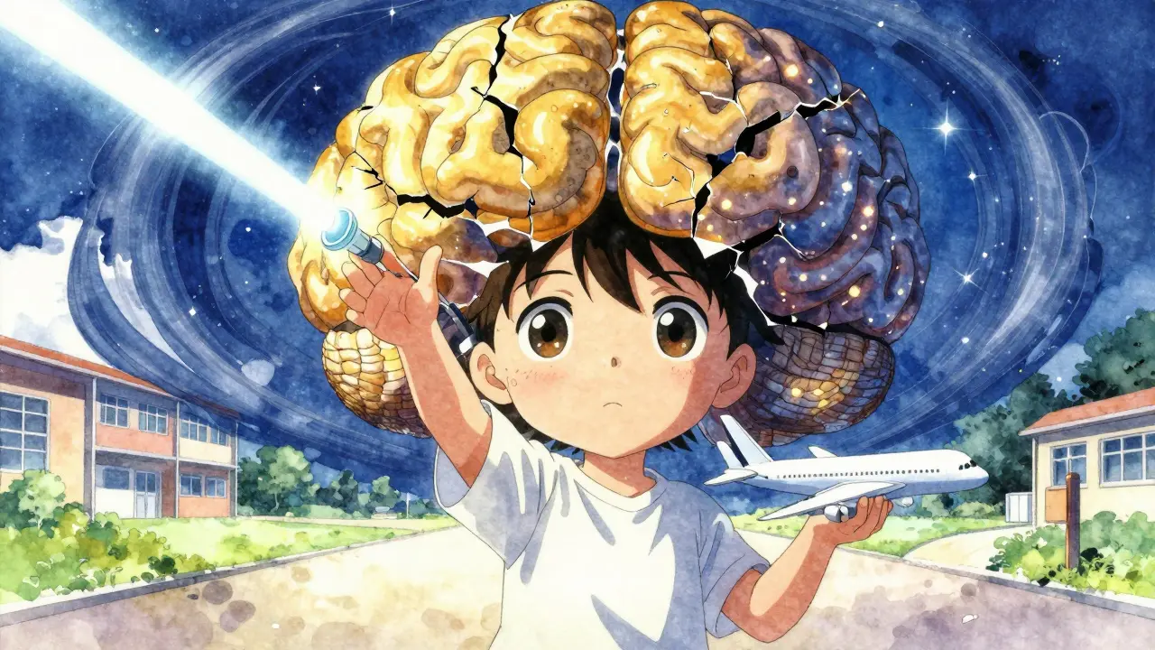 A child with glowing brain lesions reaching toward a laser beam, surrounded by dreamlike images of school and road.