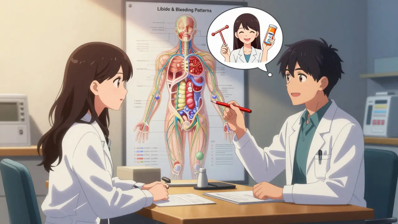 A doctor and patient review a diagram of hormonal and neural interactions in a softly lit office.