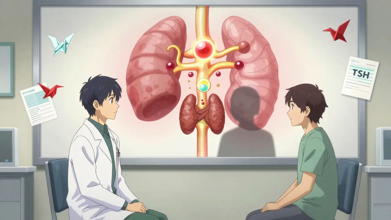 A doctor and patient with a glowing diagram linking pancreas and thyroid, medical charts floating like origami birds.