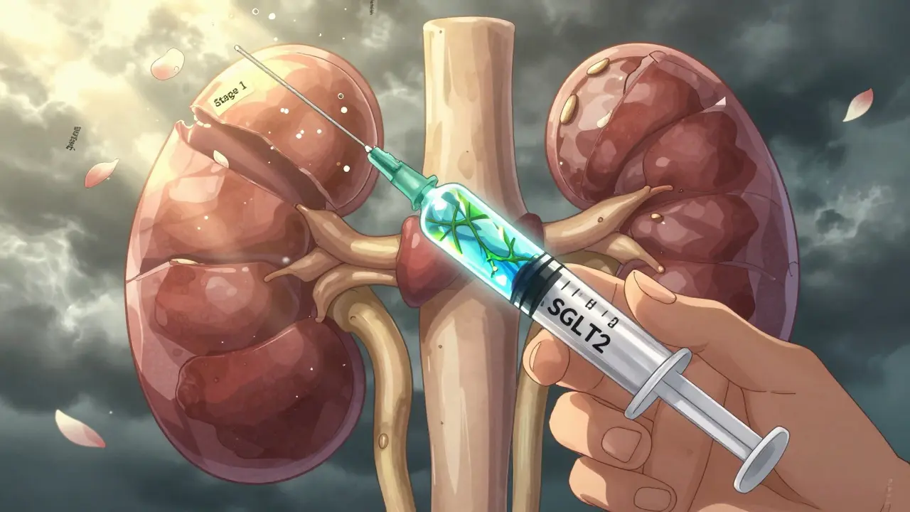 A hand holding a pill whose liquid form turns into vines and water, a kidney repairing itself in sunlight.