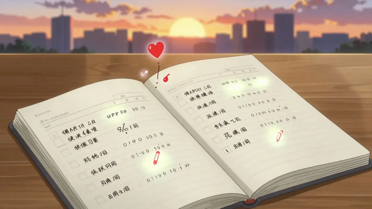 A handwritten medication log with glowing details lies open on a table beside pill bottles.