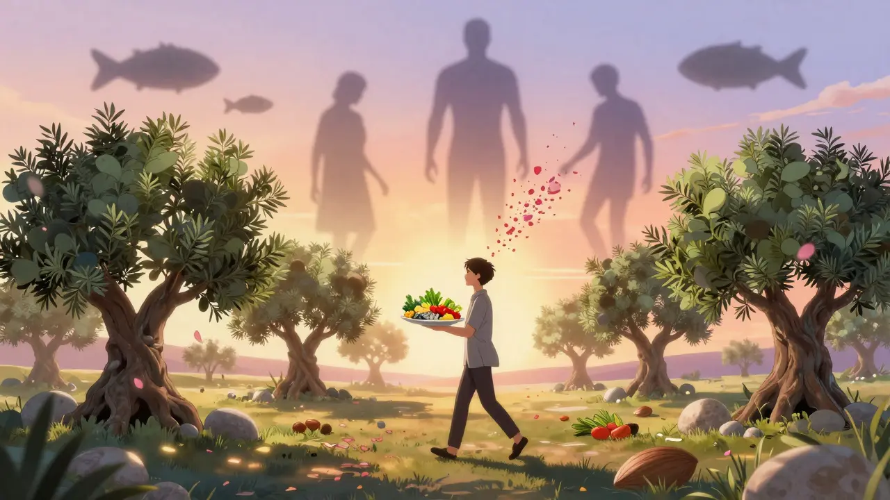 A person walking through a Mediterranean landscape of food and nature, symbolizing diet's role in managing both conditions.