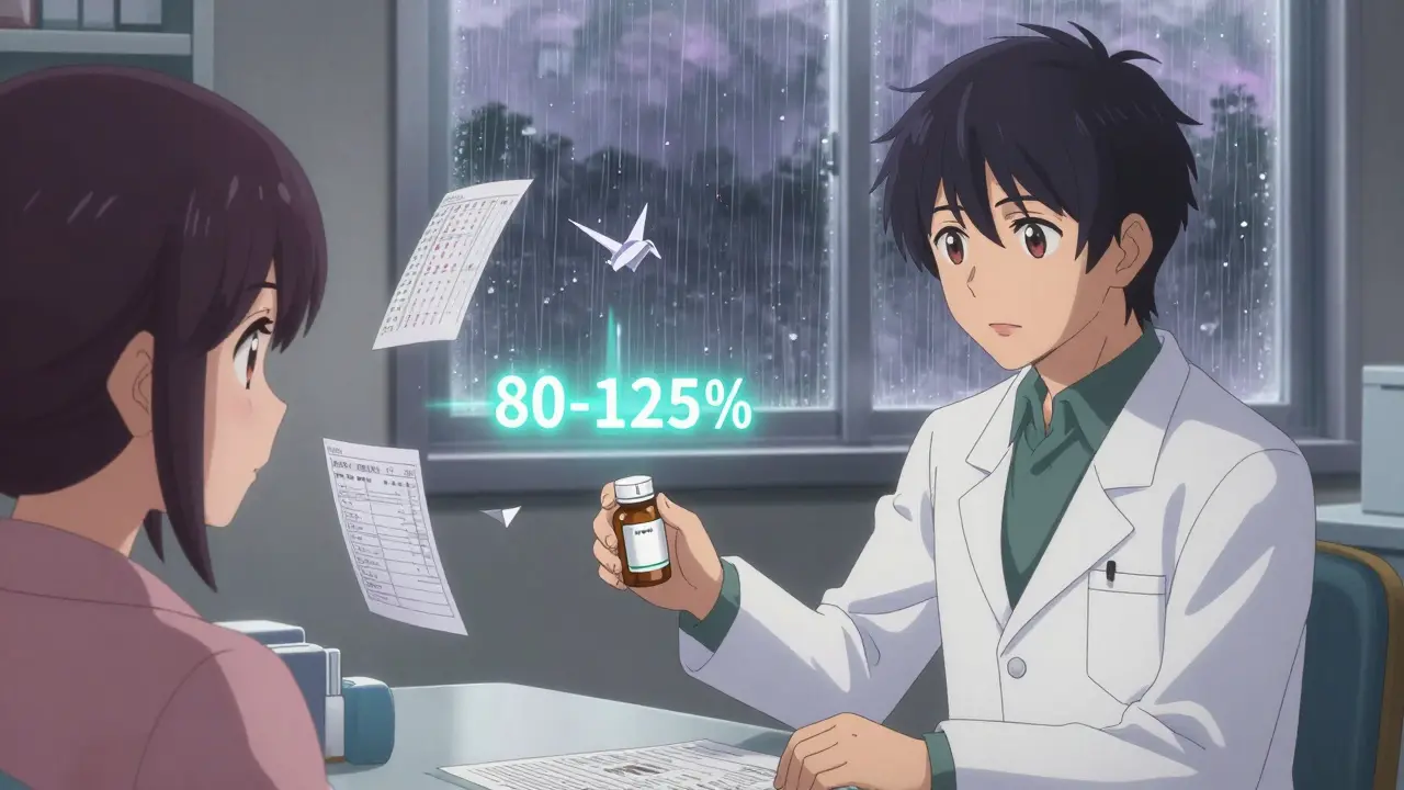 A pharmacist and patient share a quiet moment as bioequivalence data floats between them in a clinic.