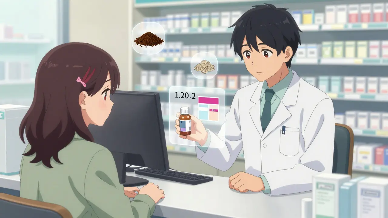 A pharmacist hands a safe replacement prescription to a patient at a bright pharmacy counter.