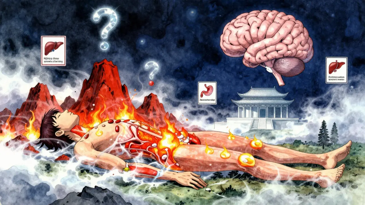 A surreal body landscape showing NSAIDs calming inflammation and acetaminophen soothing brain pain signals.