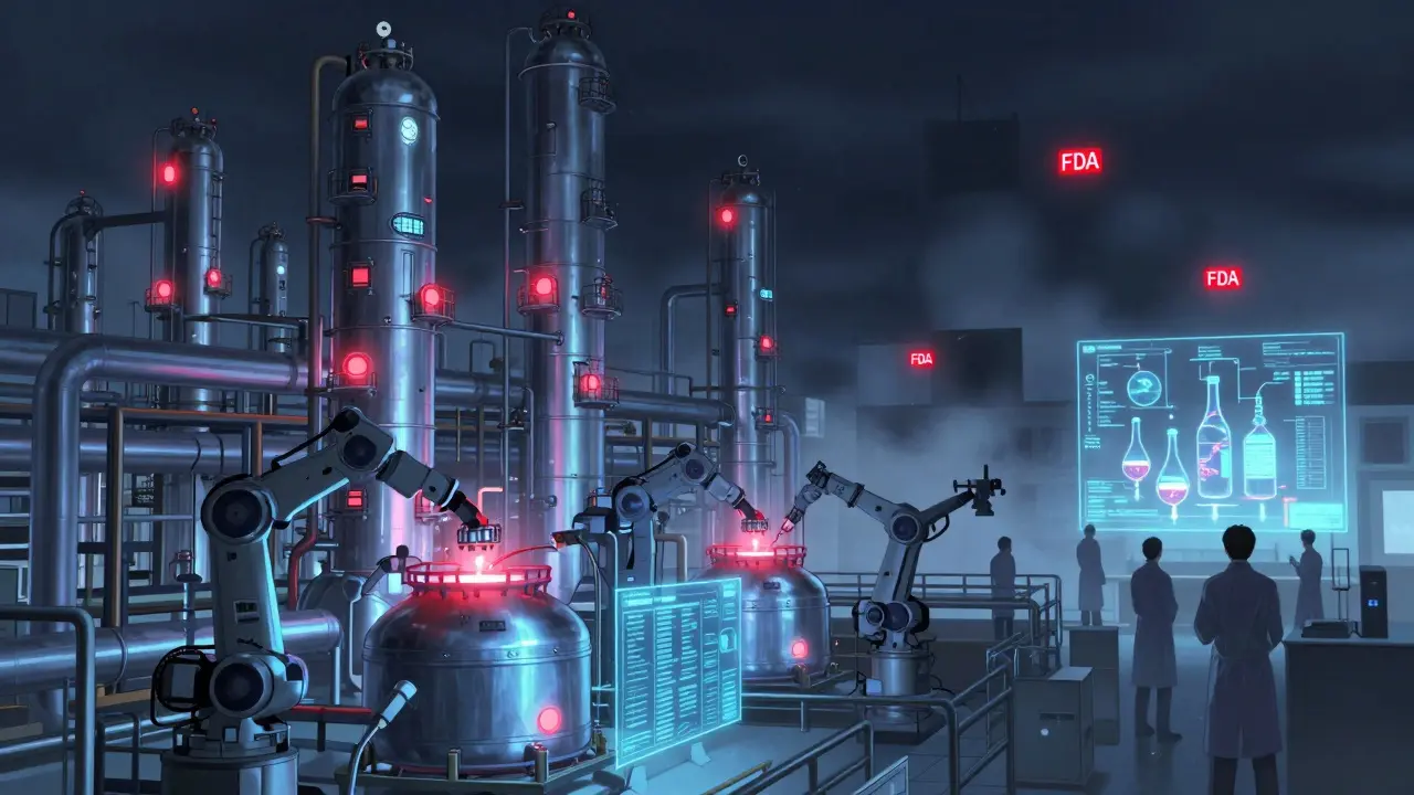 Chinese chemical plant with glowing pipelines and biologics bioreactors under neon lighting.