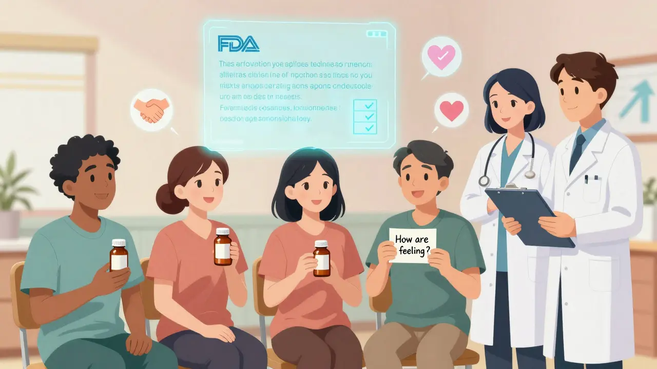 Diverse patients holding generic meds under a floating FDA statement, supported by caring staff.