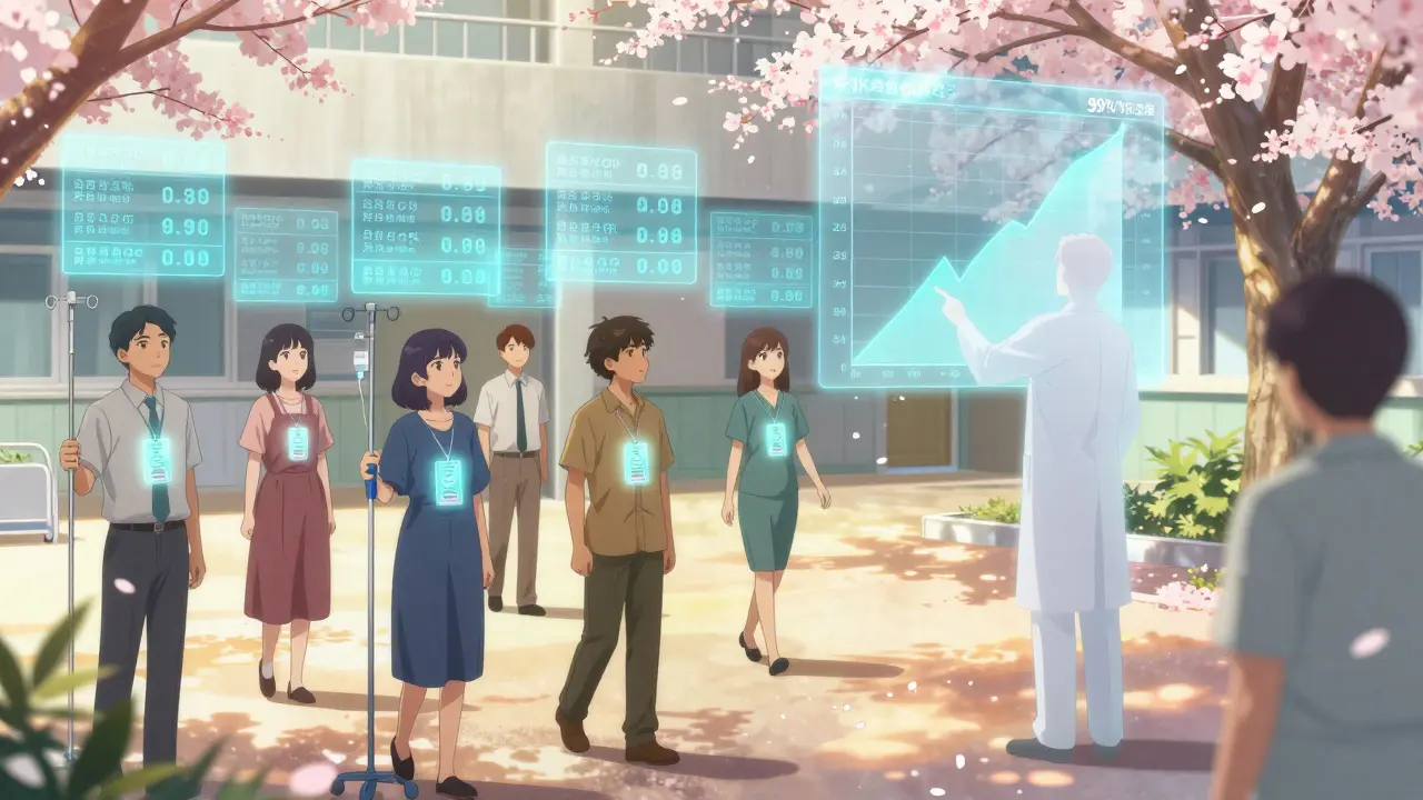 Diverse patients in a courtyard with glowing DNA badges and floating equivalence data.