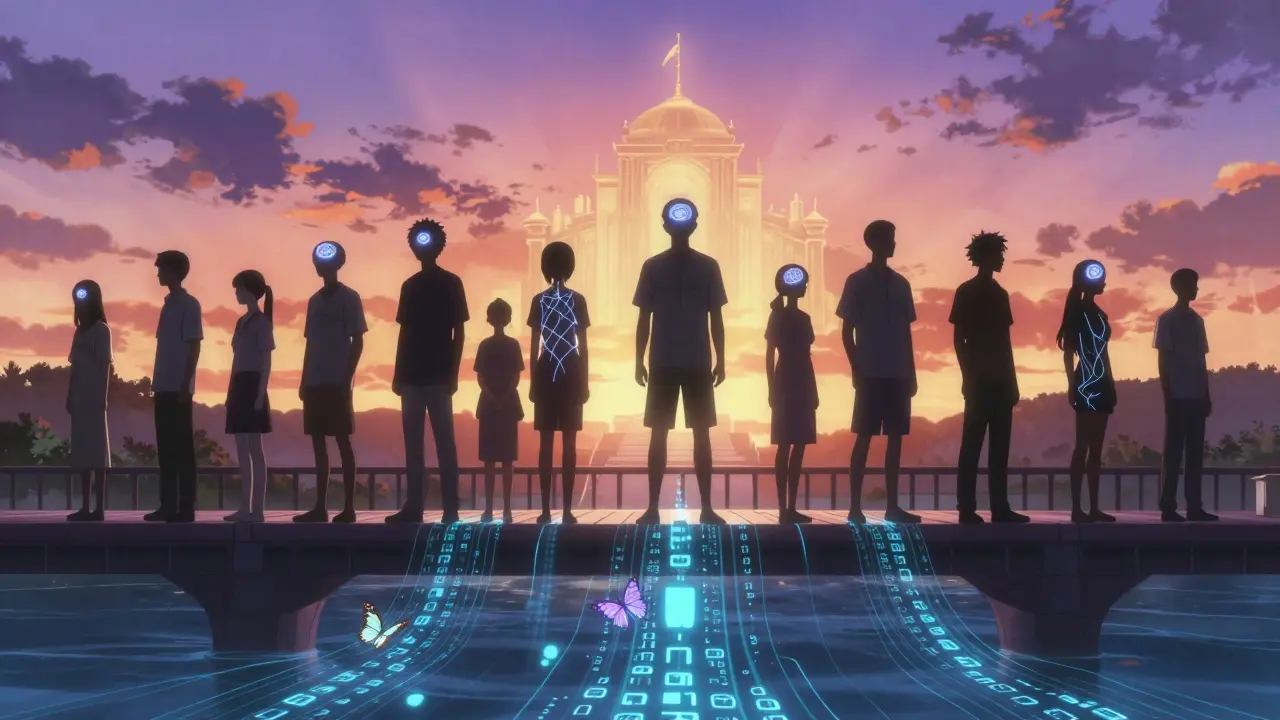 Diverse patients on a bridge at sunset, each with a glowing seizure focus, connected by light to a distant temple of freedom.