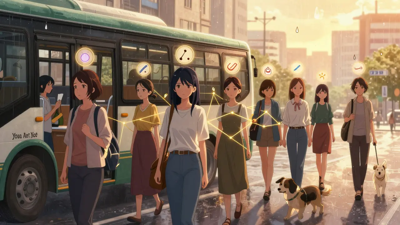 Diverse women in daily life connected by glowing symbols of safe medication combinations.