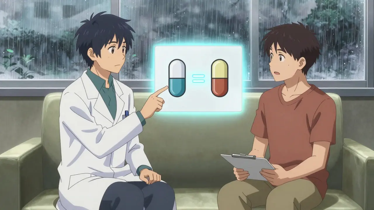 Doctor and patient discussing generic medication with a glowing diagram showing equivalence.