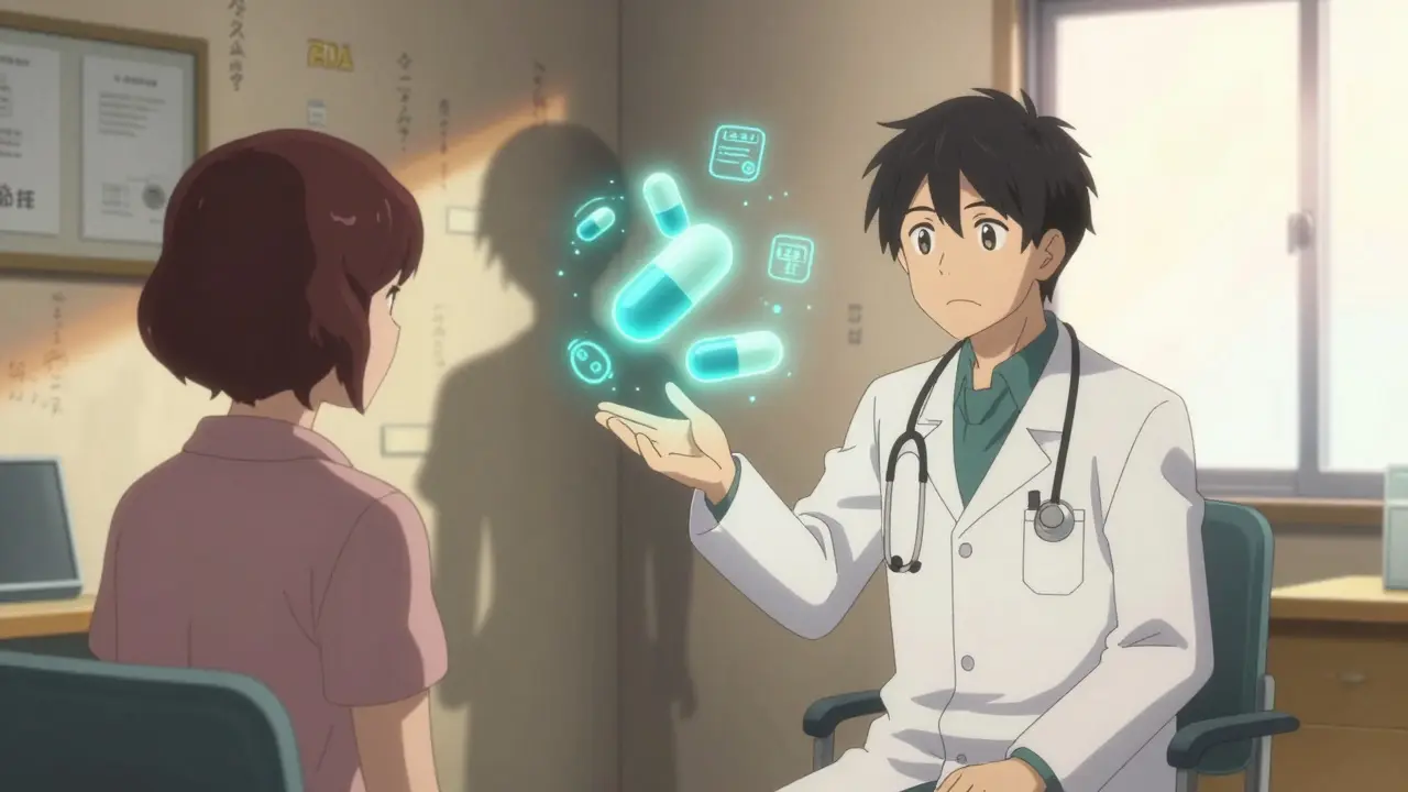 Doctor and patient in a clinic, a glowing 3D drug molecule animation between them, shifting emotional shadows.