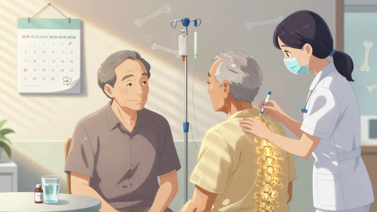 Elderly patient receiving yearly IV bisphosphonate infusion in calm clinic setting.