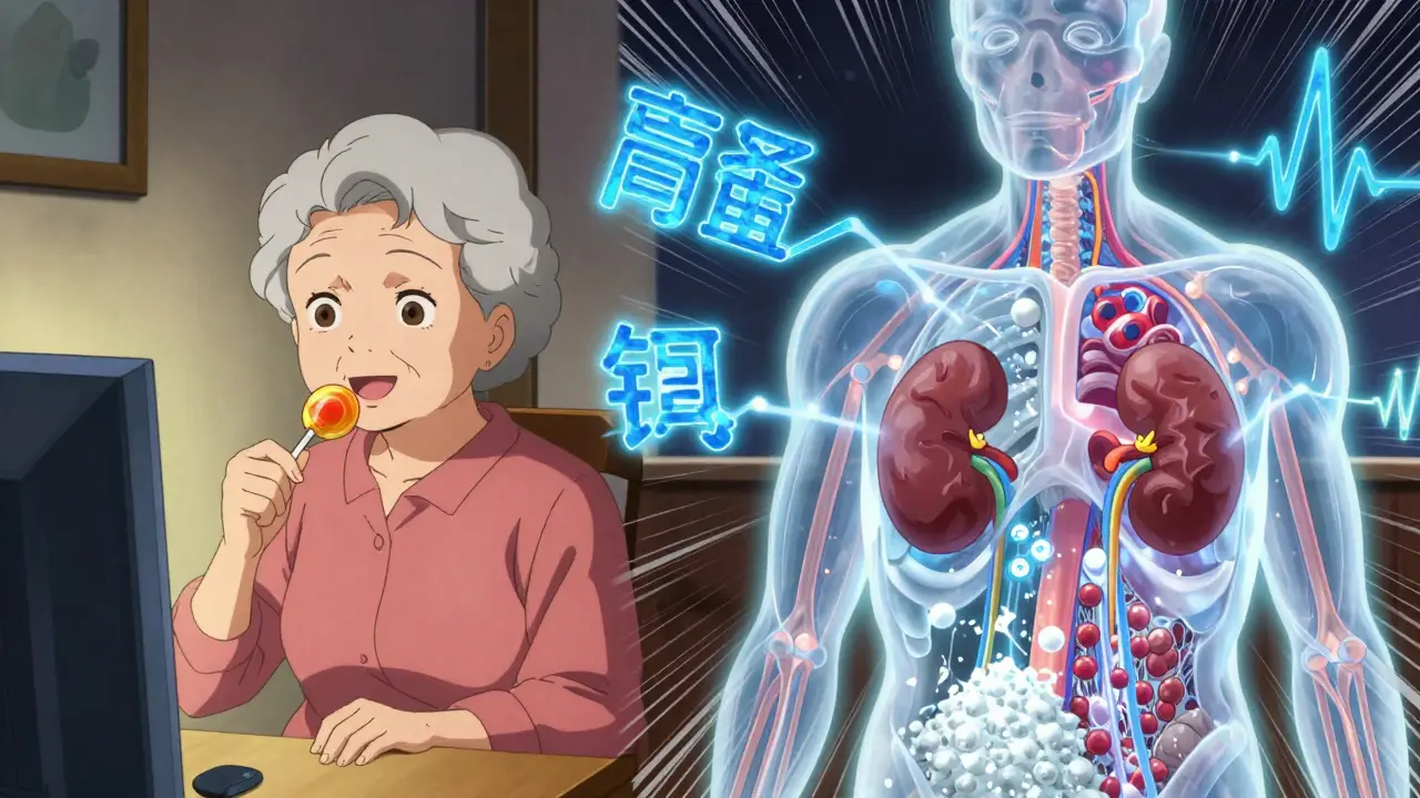 Elderly woman eating licorice while her internal body shows potassium loss and heart disruption.