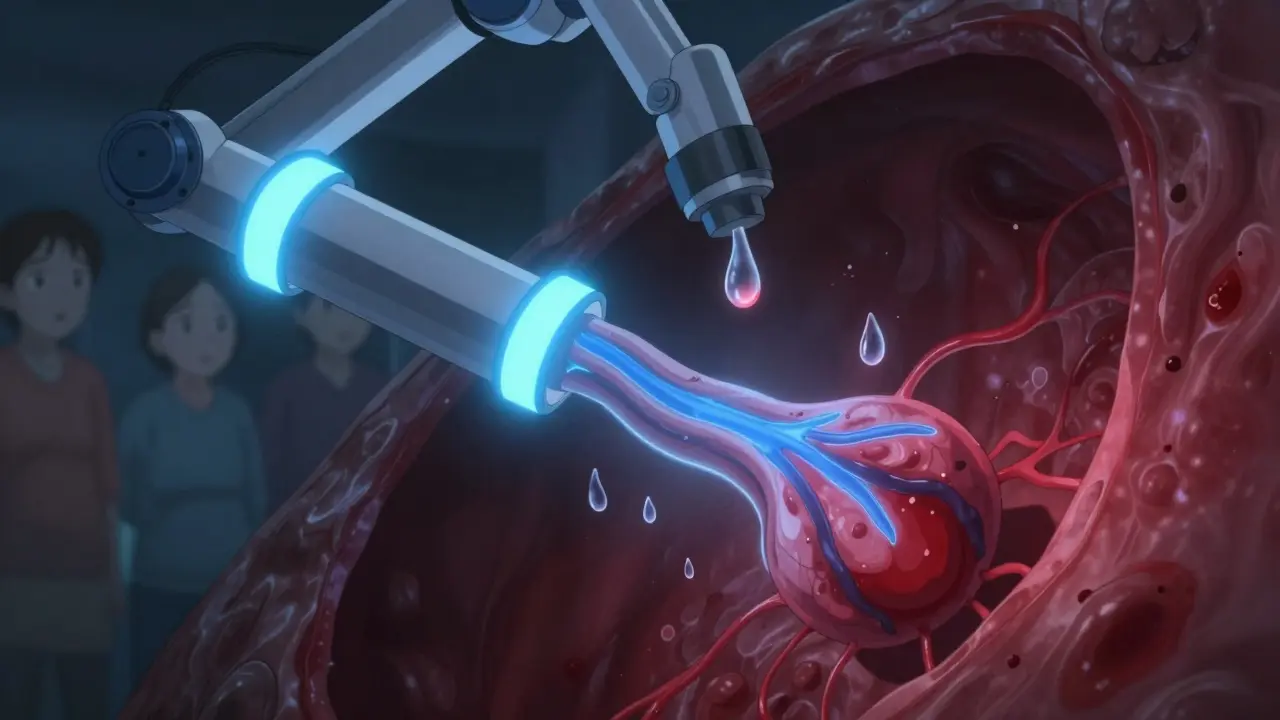 Endoscopic view of rubber bands tightening around swollen esophageal veins in a dark, cinematic setting.