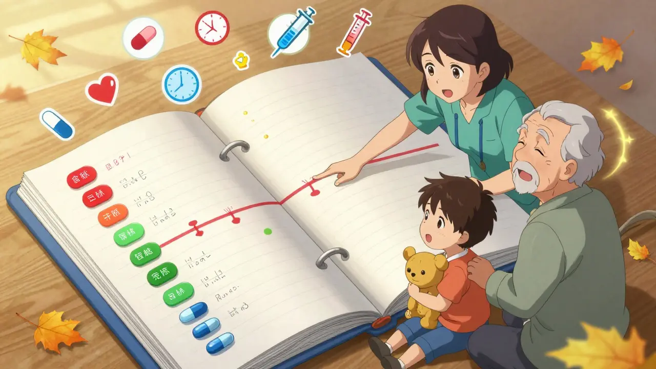 Family reviewing color-coded medication binder with caregiver pointing to timeline.
