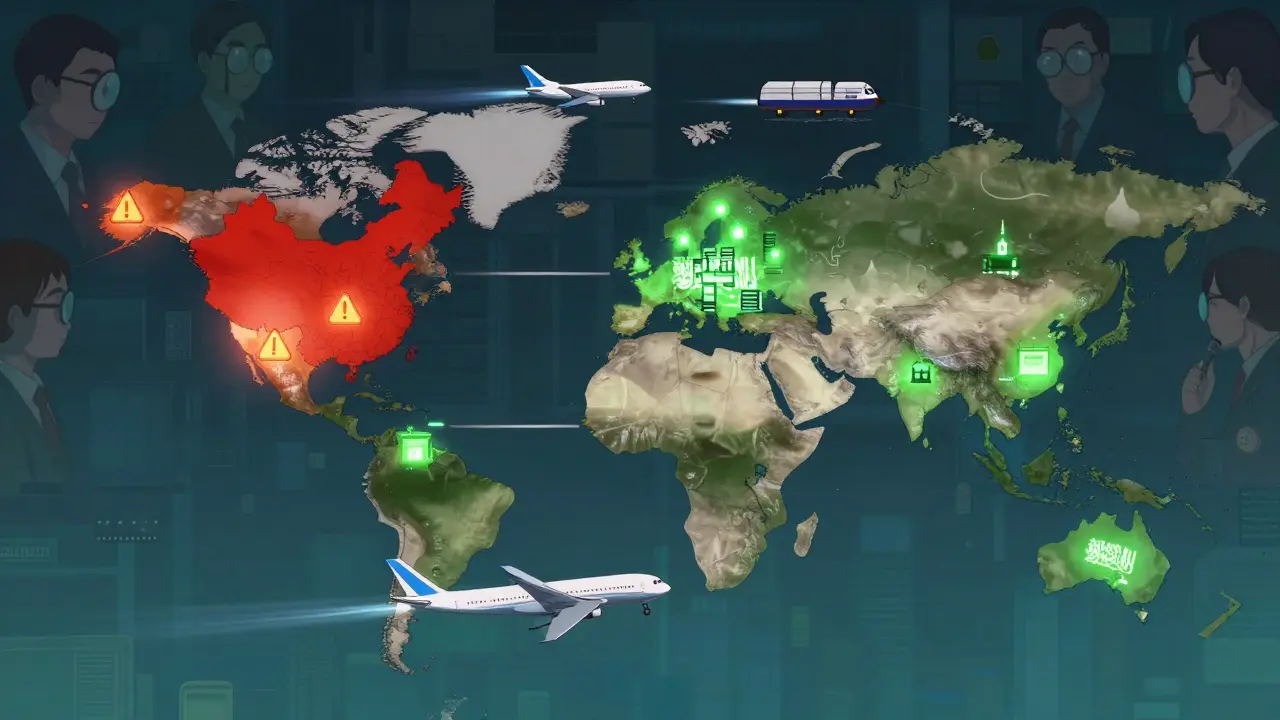 Global map showing shifting pharmaceutical manufacturing hubs from China and India to Egypt and EU.