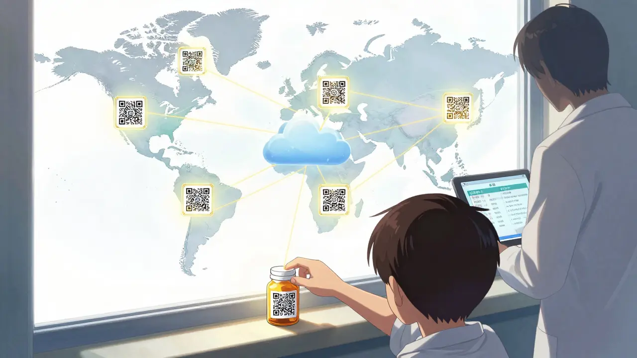 Global map with glowing QR codes connected by data threads, pill bottle on windowsill bathed in sunlight.