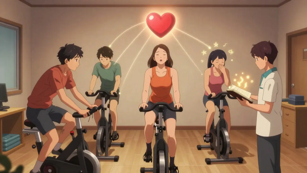 Group in rehab room cycling, breathing, and journaling with glowing heart.