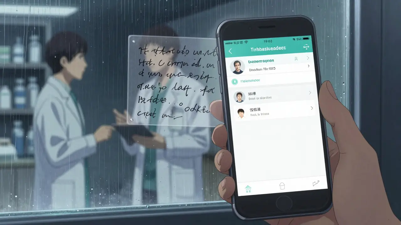 Hand holding smartphone with telehealth summary and floating handwritten notes.