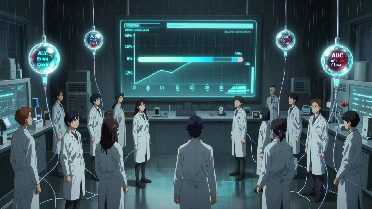 Laboratory with volunteers and floating blood samples, data streams glowing between 80% and 125% confidence bounds.