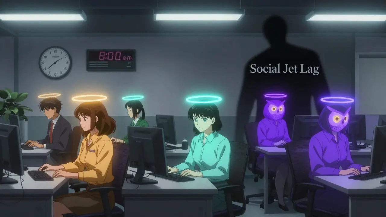 Office workers with colored auras representing chronotypes under flickering fluorescent lights.